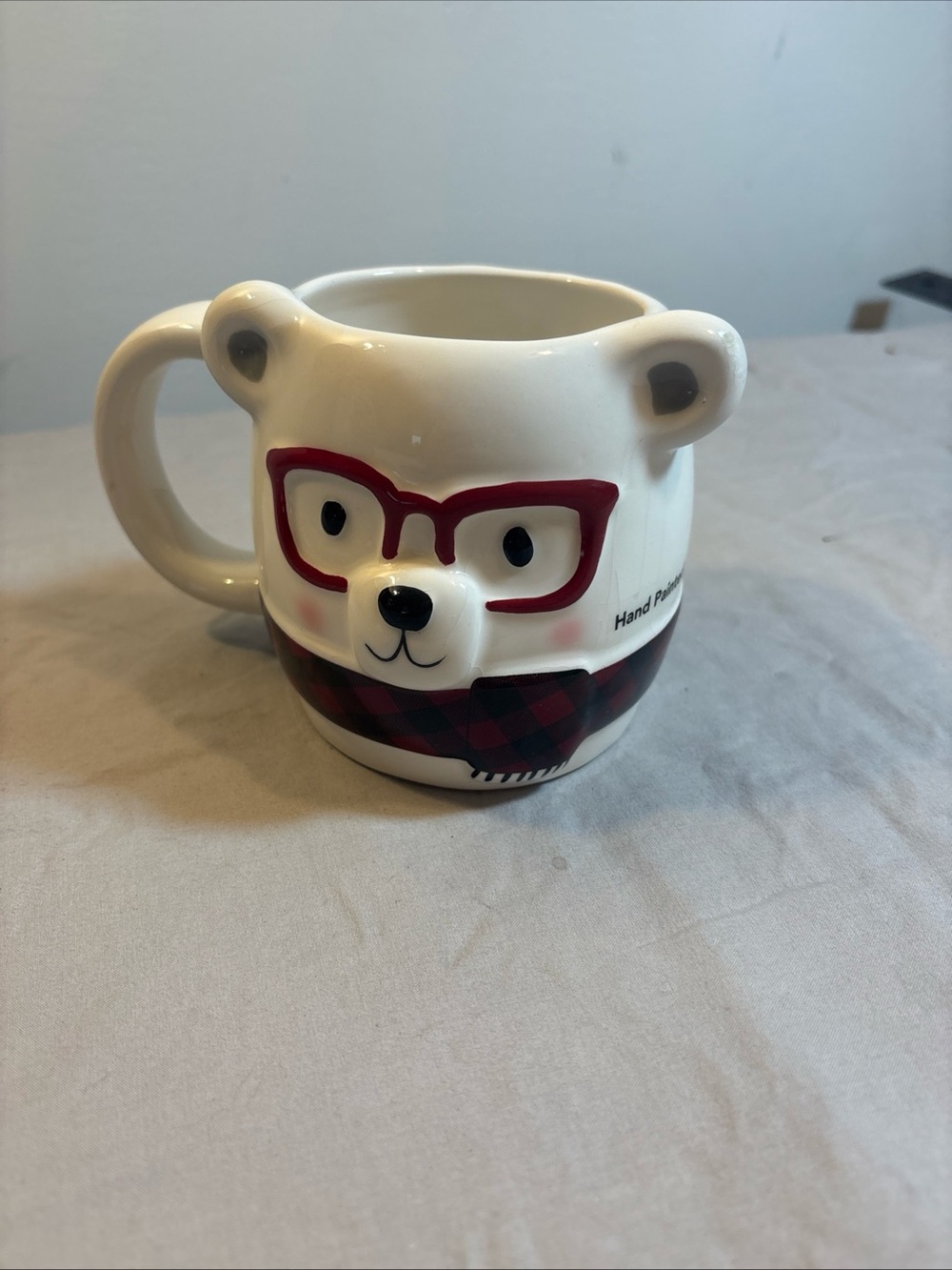 White Bear Face Ceramic Mug with Red Glasses